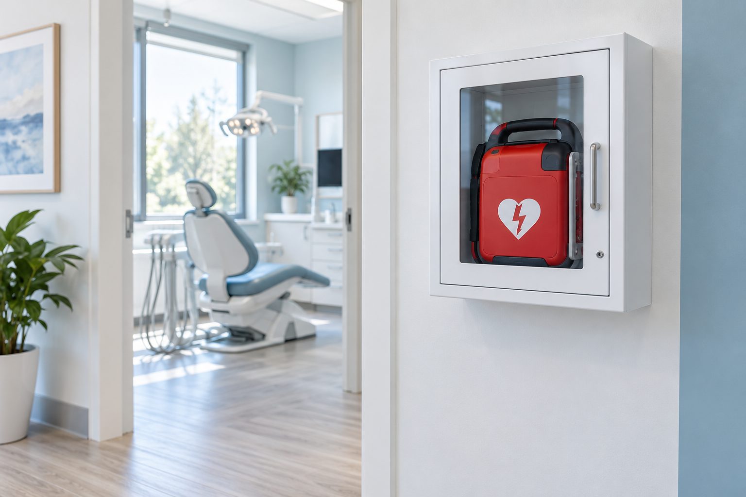 Wall-mounted AED cabinet in a dental office hallway
